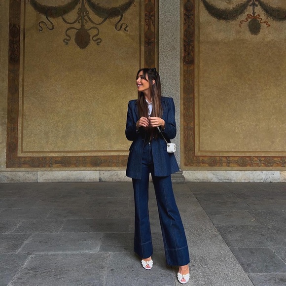 Zara Set - Golden Button Blazer Denim & High Rise Front Sean Z1975 Jeans - Picture 3 of 16